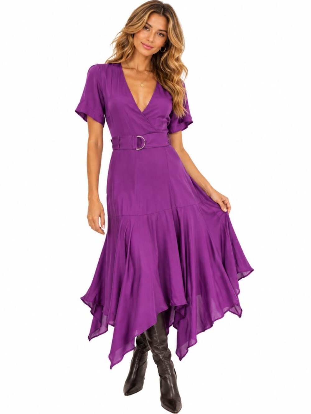 A.L.C. Claire Silk Hanky Hem Wrap Dress Sz 0 Purple Fuchsia Belted Waist Fairy